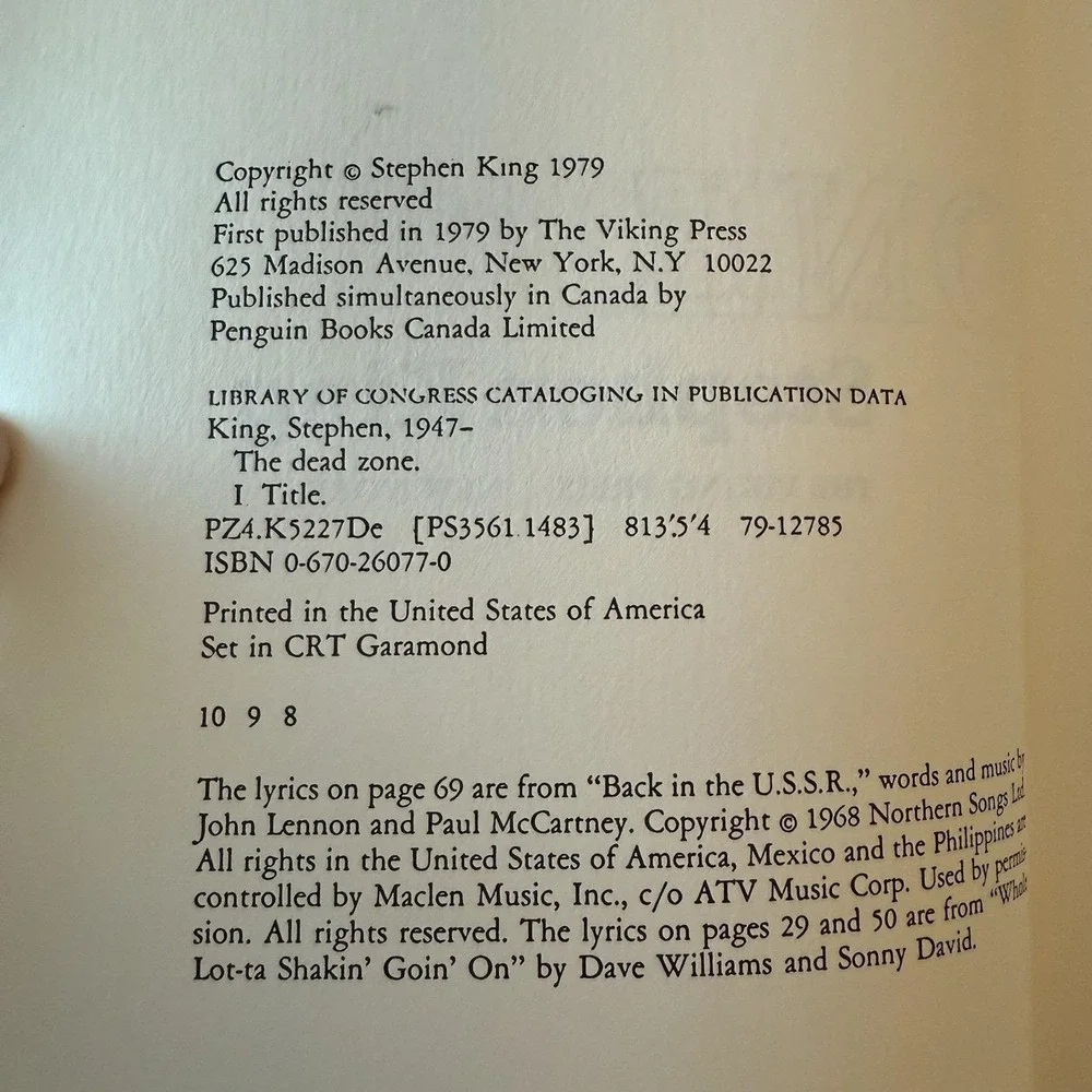 Stephen‎ King – The Dead Zone – 1979 Viking Press First Edition, Third Printing